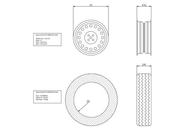 MP68192 135 R13 Wheel & Tyre Fits MP6819 & MP69153 Trailer - Image 2